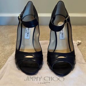 Jimmy Choo Gemini Black Calf Leather Sheen Mirror Heel Open Toe New Shoes Sz 40